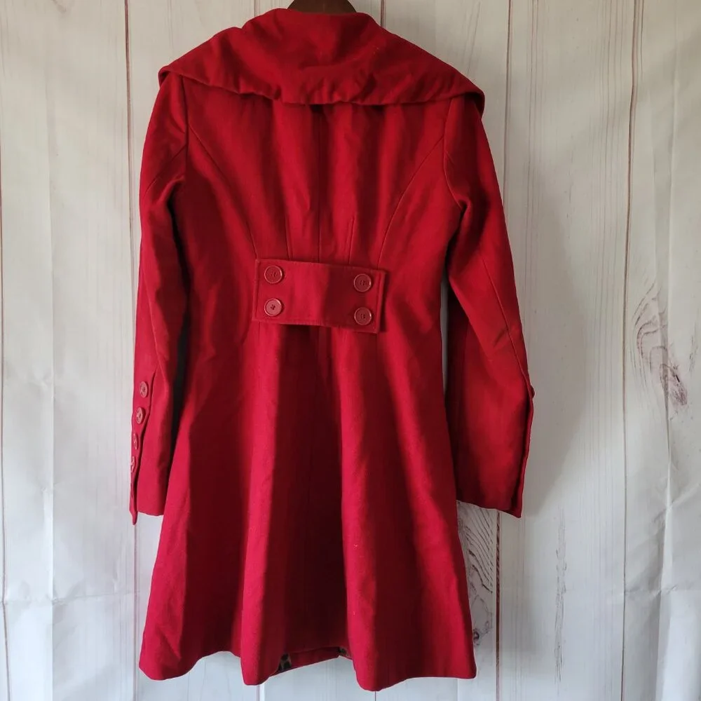 Express Pea Coat w/Leopard Interior, Wool Blend, Button Front, Women’s S, Red - Picture 4 of 9